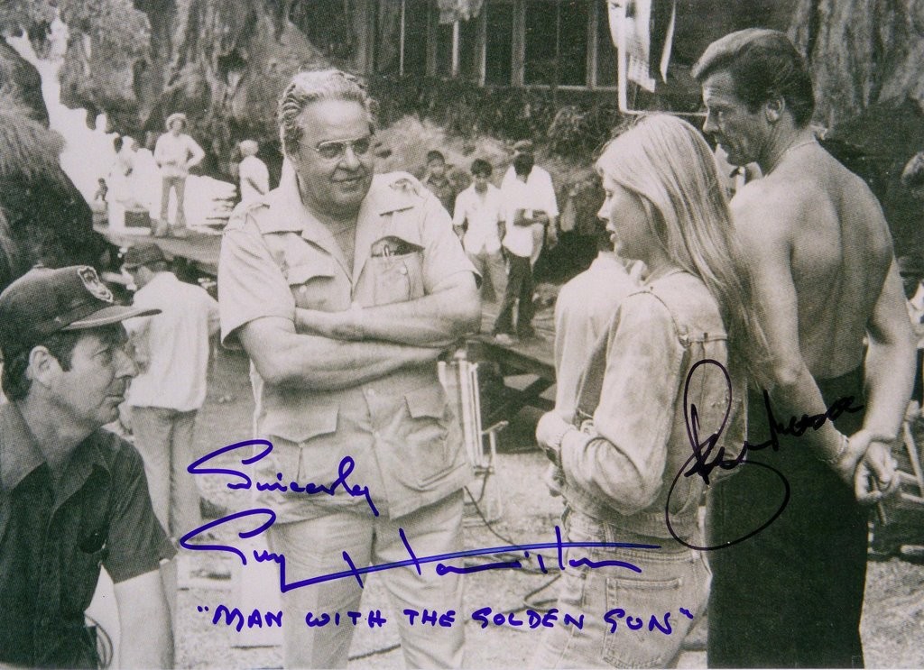 Guy Hamilton on the set of Man with the Golden Gun, alongside Cubby Broccoli, Britt Ekland and Roger Moore. 